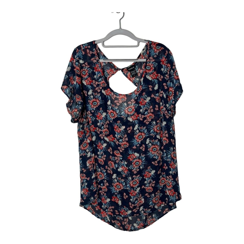 Torrid Womens Top Plus Size 3X Floral Chiffon Drape Back Blue Shirt Sheer Tunic